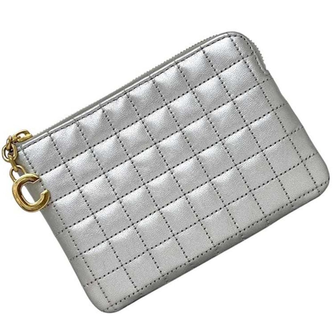 Celine coin case/pouch, silver, with C charm, 10B823BFL, leather, S-CM-5118, CELINE purse.: --- Catalog ---Category: SizeSize (HxWxD): 9cm x 12.5cm x 1.5cm / 3.54'' x 4.92'' x 0.59''Category: DesignType: Coin purse/coin caseColor: SilverGender: WomenMaterial: Leather Category: GeneralMPN: 10