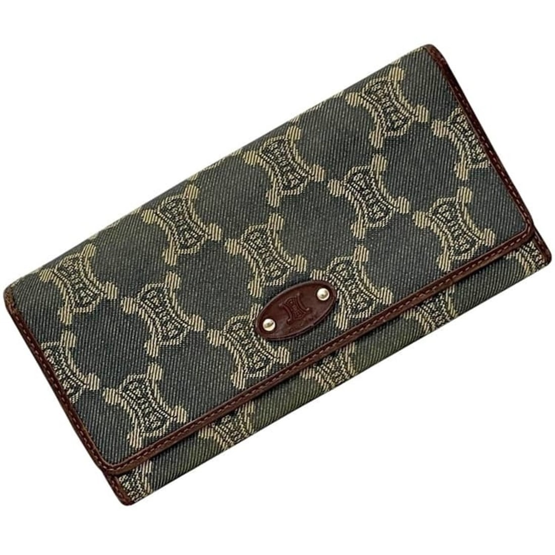 Celine bi-fold long wallet, blue and brown, Macadam pattern, denim leather, YS00/16 CELINE: --- Catalog ---Category: SizeSize (HxWxD): 9.5cm x 19.5cm x 3cm / 3.74'' x 7.67'' x 1.18''Category: DesignType: Long wallet (bi-fold)Color: Blue, BrownGender: WomenMaterial: Denim , Leather Category: 
