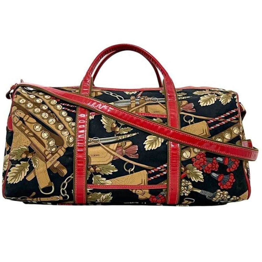 Loewe 2-way Boston bag, red, multicolor, anagram, canvas, leather, botanical print.: --- Catalog ---Category: SizeSize (HxWxD): 27cm x 55cm x 28cm / 10.62'' x 21.65'' x 11.02''Category: DesignType: Boston bagColor: Multi-color, Red colorGender: WomenMaterial: Canvas , Leather Category
