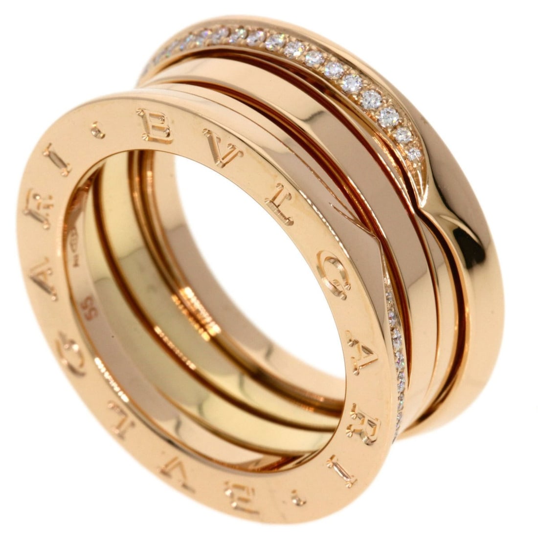 BVLGARI B-zero1 3-band diamond ring, size #55, 18K pink gold, women's.: --- Catalog ---Category: SizeJP Size: 15US Size: 7.5Category: DesignType: Band ringStone: DiamondGender: WomenMaterial: Pink gold (18K)Category: GeneralBrand: Bvlgari--- Item List ---Section: Conditio