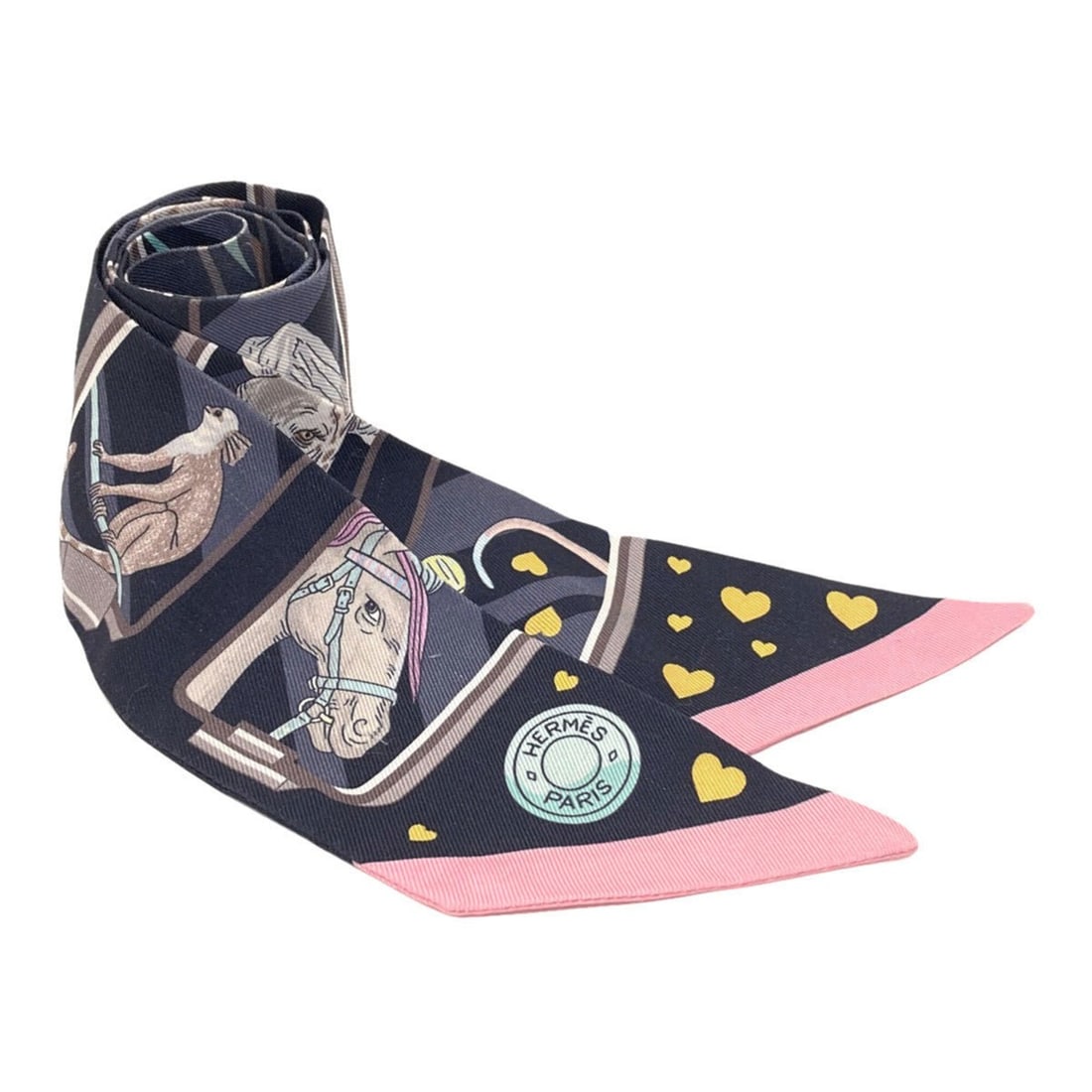 Hermes Twilly Scarf Muffler Silk Women's HERMES: --- Catalog ---Category: SizeSize (LxW): 83cm x 5cm / 32.67'' x 1.96''Category: DesignType: ScarfColor: Black, PinkGender: WomenMaterial: Silk Category: GeneralLine: TwillyBrand: Hermes--- Item List -