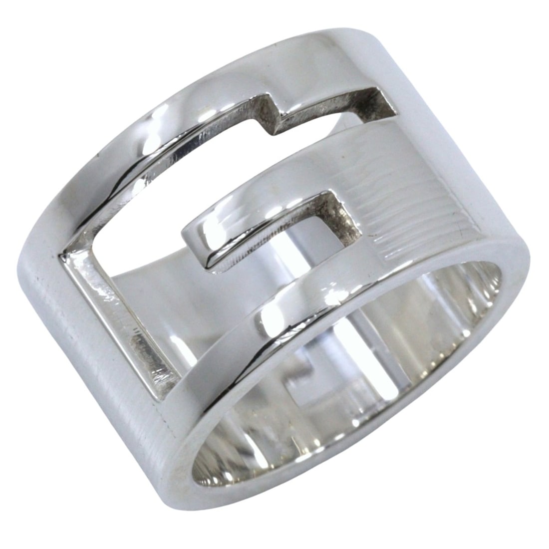 Gucci G-logo ring, size 9.5, made of sterling silver (925), approximately 10.0g, unisex.: --- Catalog ---Category: SizeWidth: 11.7mm / 0.46''Weight: 10g / 0.35oz.JP Size: 9.5US Size: 5Inner Diameter: 15.60mm / 0.61''Category: DesignType: Band ringGender: WomenMaterial: Silver 925Category: 