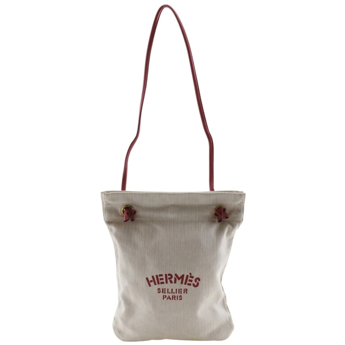 Hermes Aline PM Shoulder Bag, Toile Chevron x Leather, Ivory/Red, A5 Size, Snap Button, Women's.: --- Catalog ---Category: SizeWeight: 120g / 4.23oz.Strap Drop: 33cm / 12.99''Size (HxWxD): 29cm x 23cm x 1cm / 11.41'' x 9.05'' x 0.39''Category: DesignType: Shoulder bagColor: Ivory, Red colorGender:
