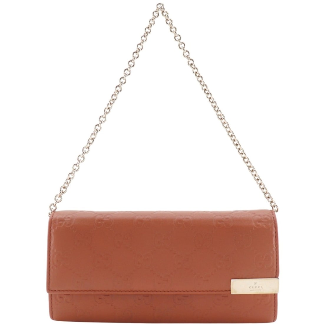 Gucci GG Embossed Chain Wallet 269541 Leather Orange Snap Button emboss Women's: --- Catalog ---Category: SizeWeight: 240g / 8.46oz.Size (HxWxD): 10cm x 19cm x 3cm / 3.93'' x 7.48'' x 1.18''Category: DesignType: Chain/Shoulder walletColor: OrangeGender: WomenMaterial: Leather