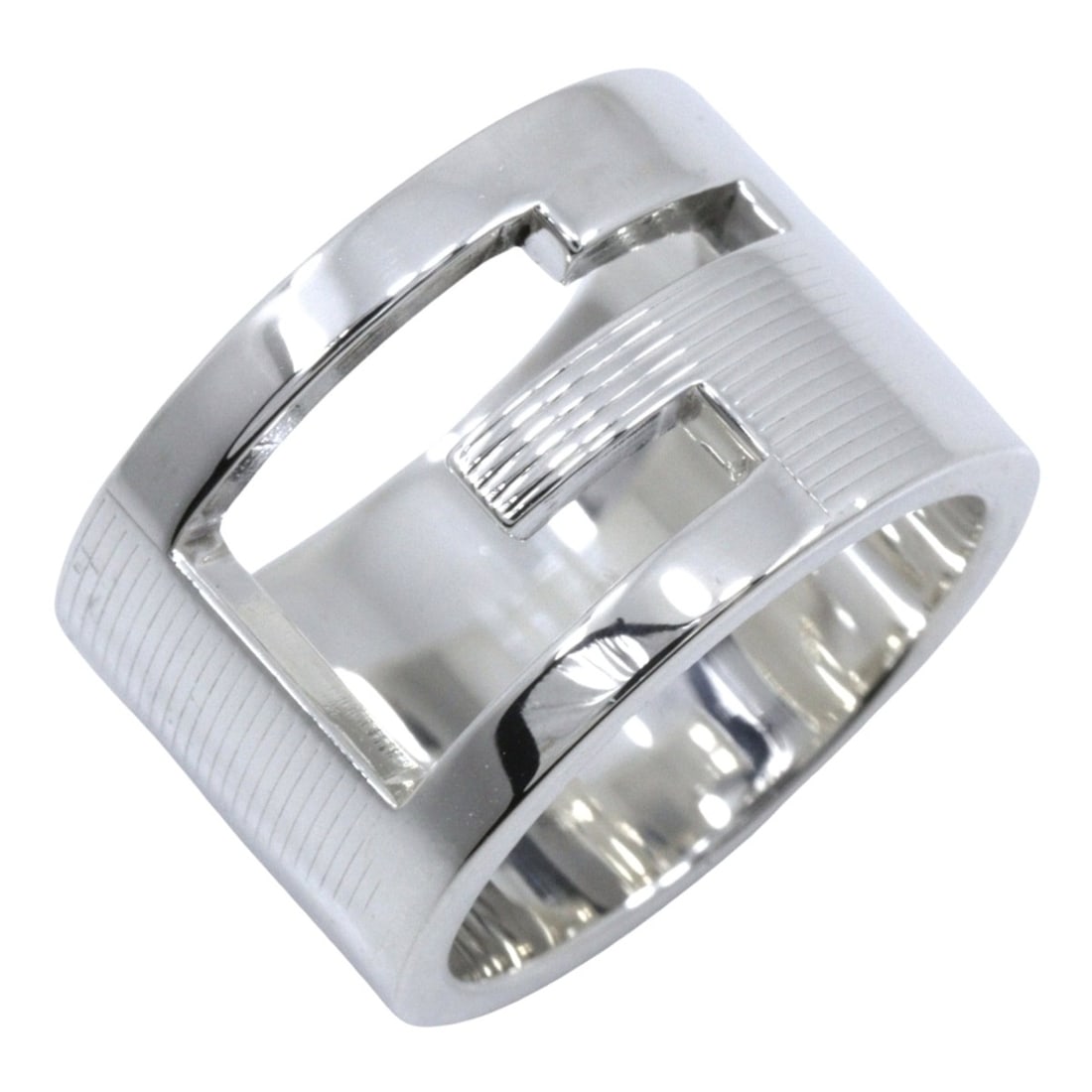 Gucci Branded G Ring, Size 7.5, Sterling Silver 925, Approx. 9.8g, Unisex: --- Catalog ---Category: SizeWidth: 18.7mm / 0.74''Weight: 9.8g / 0.34oz.JP Size: 7.5US Size: 4Inner Diameter: 15.20mm / 0.60''Category: DesignType: Band ringGender: WomenMaterial: Silver