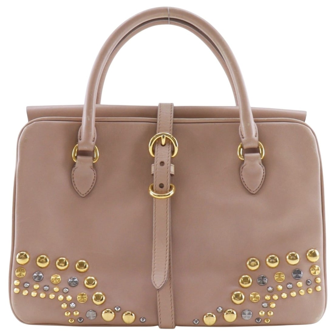 Miu Miu Miu Studded Leather Handbag, Pink Beige, A5 Size, Belt Buckle, Studs, Women's (1 of 18)