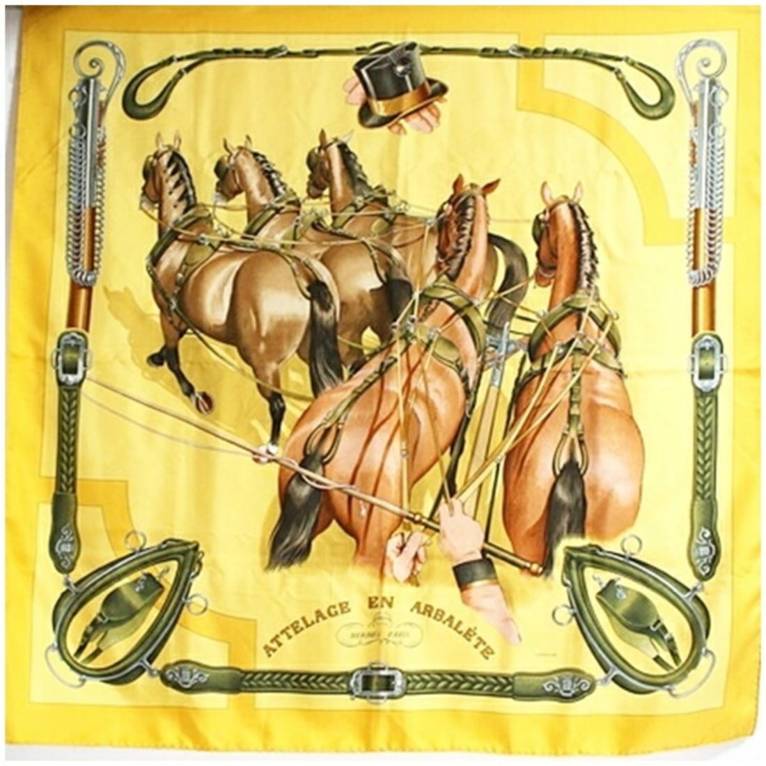 Hermes Silk Scarf Muffler Carre 90 ATTELAGE EN ARBALETE (Horse-drawn carriage design) HERMES Women's (1 of 10)