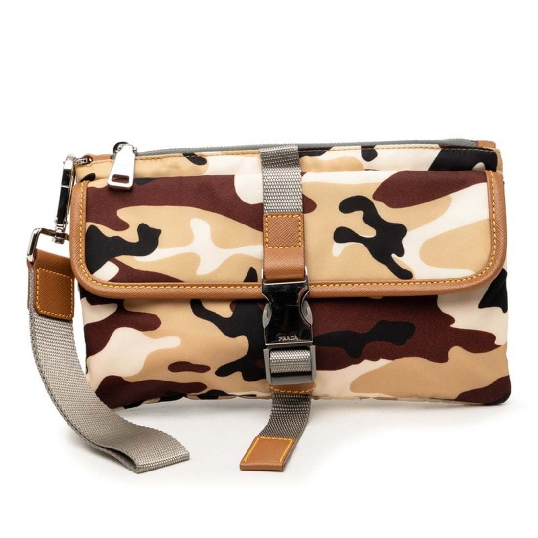 Prada Triangle Logo Plate Camouflage Clutch Bag Handbag Pouch Brown Beige Black Nylon Leather: --- Catalog ---Category: SizeSize (HxWxD): 14cm x 23cm x 1cm / 5.51'' x 9.05'' x 0.39''Category: DesignType: Clutch bag, Handbag, PouchColor: Beige, Black, BrownGender: WomenMaterial: Nylon , Leather 