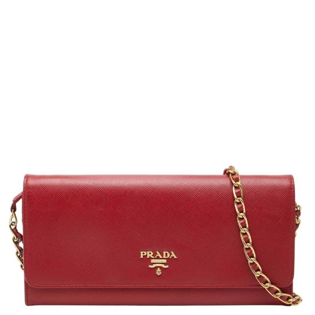 Prada Triangle Logo Plate Saffiano Crossbody Chain Wallet 2-way Long Red Leather Women's PRADA (1 of 10)