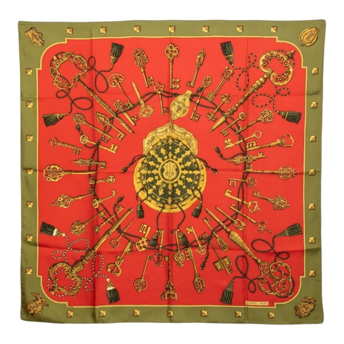 Hermes Carre 90 Le Cles Key Pattern Scarf/Muffler, Large Size, Green/Red, Silk, Women's: --- Catalog ---Category: SizeSize (LxW): 89cm x 90cm / 35.03'' x 35.43''Category: DesignType: ScarfColor: Green, Red colorGender: WomenMaterial: Silk Category: GeneralBrand: Hermes--- Item List ---Sec