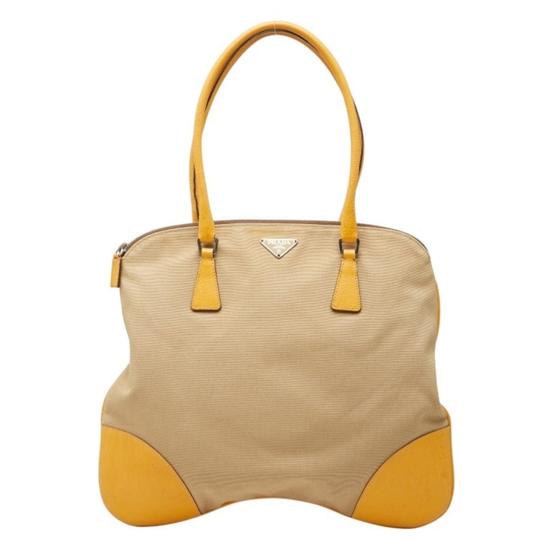 Prada Triangle Logo Plate Tote Bag Shoulder Beige Yellow Canvas Leather Women's PRADA (1 of 14)