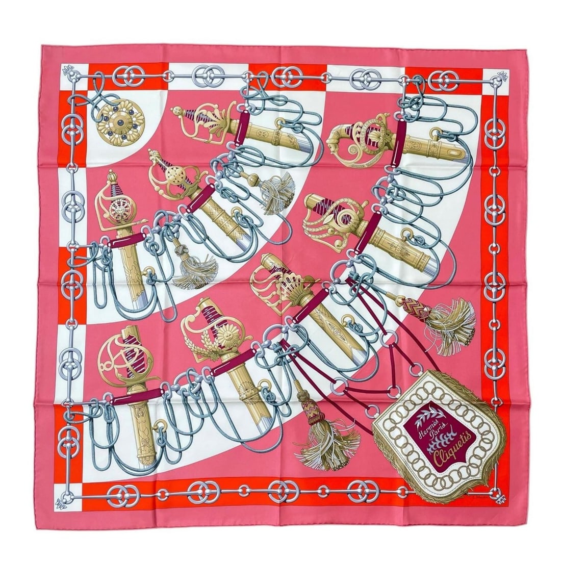 HERMES Carre 90 Cliquetis (stiff, sword pattern) 1005% silk scarf/muffler, multicolor, made in: --- Catalog ---Category: SizeSize (LxW): 90cm x 90cm / 35.43'' x 35.43''Category: DesignType: ScarfColor: Multi-colorGender: WomenMaterial: Silk Category: GeneralBrand: HermesCountry of Origin: France