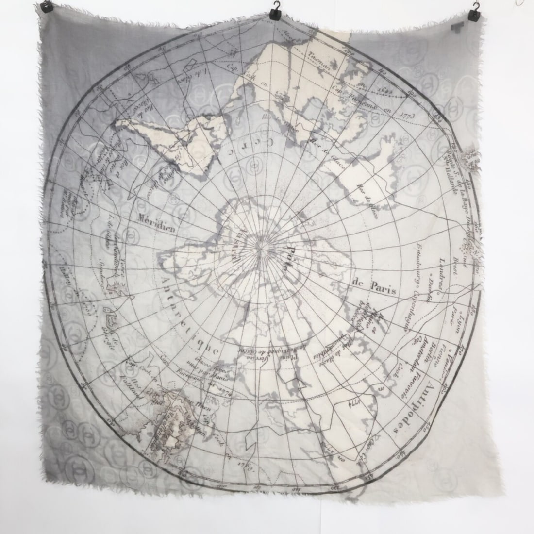 CHANEL World Map Cashmere Stole/Scarf, Gray, Women's: --- Catalog ---Category: SizeSize (LxW): 1.39m x 1.33m / 54.72'' x 52.36''Category: DesignType: StoleColor: GrayGender: WomenMaterial: Cashmere Category: GeneralBrand: Chanel--- Item List ---Section: 