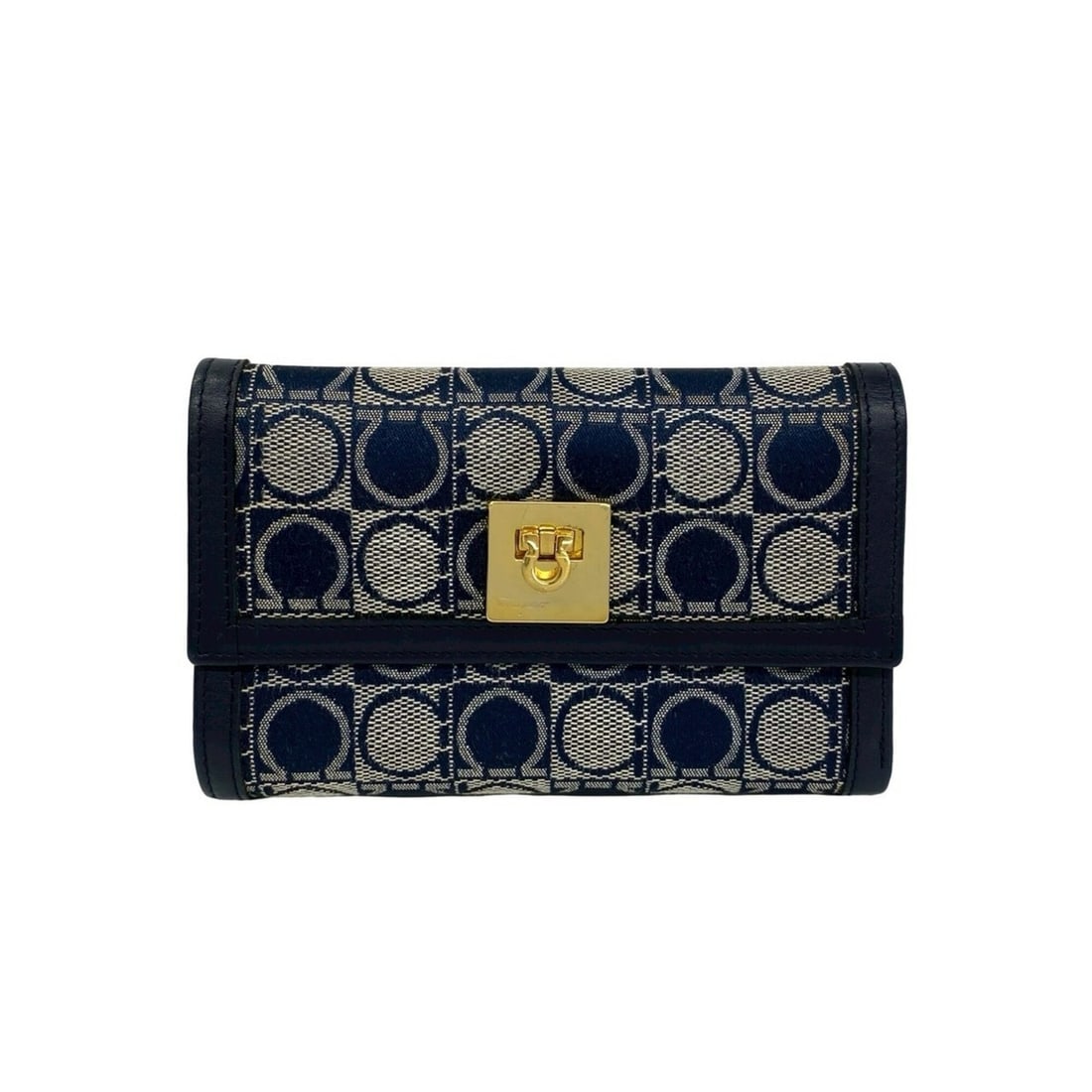 Salvatore Ferragamo Gancini logo hardware pattern canvas leather trifold wallet navy 15105: --- Catalog ---Category: SizeSize (HxWxD): 10cm x 15cm x 2.2cm / 3.93'' x 5.9'' x 0.86''Category: DesignType: Wallet (tri-fold)Color: NavyGender: WomenMaterial: Canvas , Leather Category: GeneralBrand
