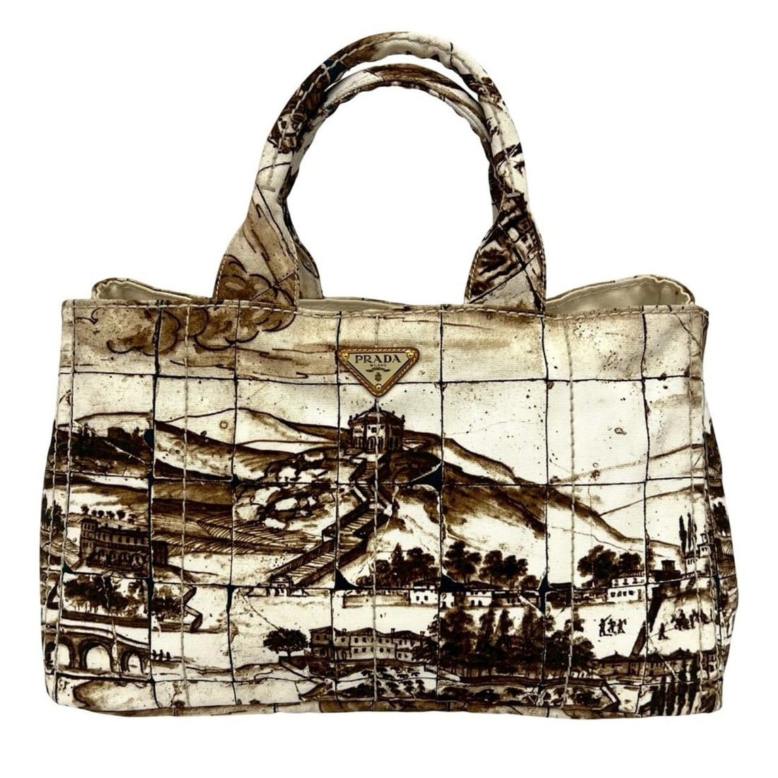 PRADA Canapa Triangle Logo Hardware Printed Canvas Tote Bag Boston Brown Ivory 52405: --- Catalog ---Category: SizeSize (HxWxD): 25cm x 40cm x 24cm / 9.84'' x 15.74'' x 9.44''Category: DesignType: Boston bag, Tote bagColor: Brown, IvoryGender: WomenMaterial: Canvas Category: GeneralBra