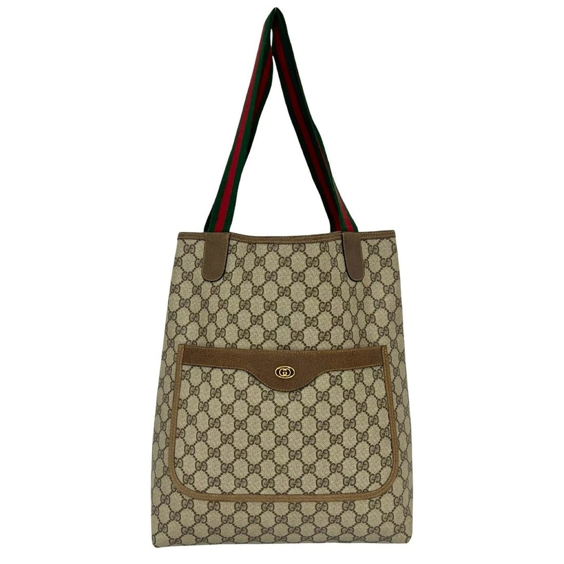 GUCCI Vintage Sherry Line GG Logo Leather Tote Bag/Shoulder Bag (Brown, 74196): --- Catalog ---Category: SizeSize (HxWxD): 37cm x 29cm x 10cm / 14.56'' x 11.41'' x 3.93''Category: DesignType: Shoulder bag, Tote bagColor: Brown, Green, Red colorGender: WomenMaterial: Leather , PVC