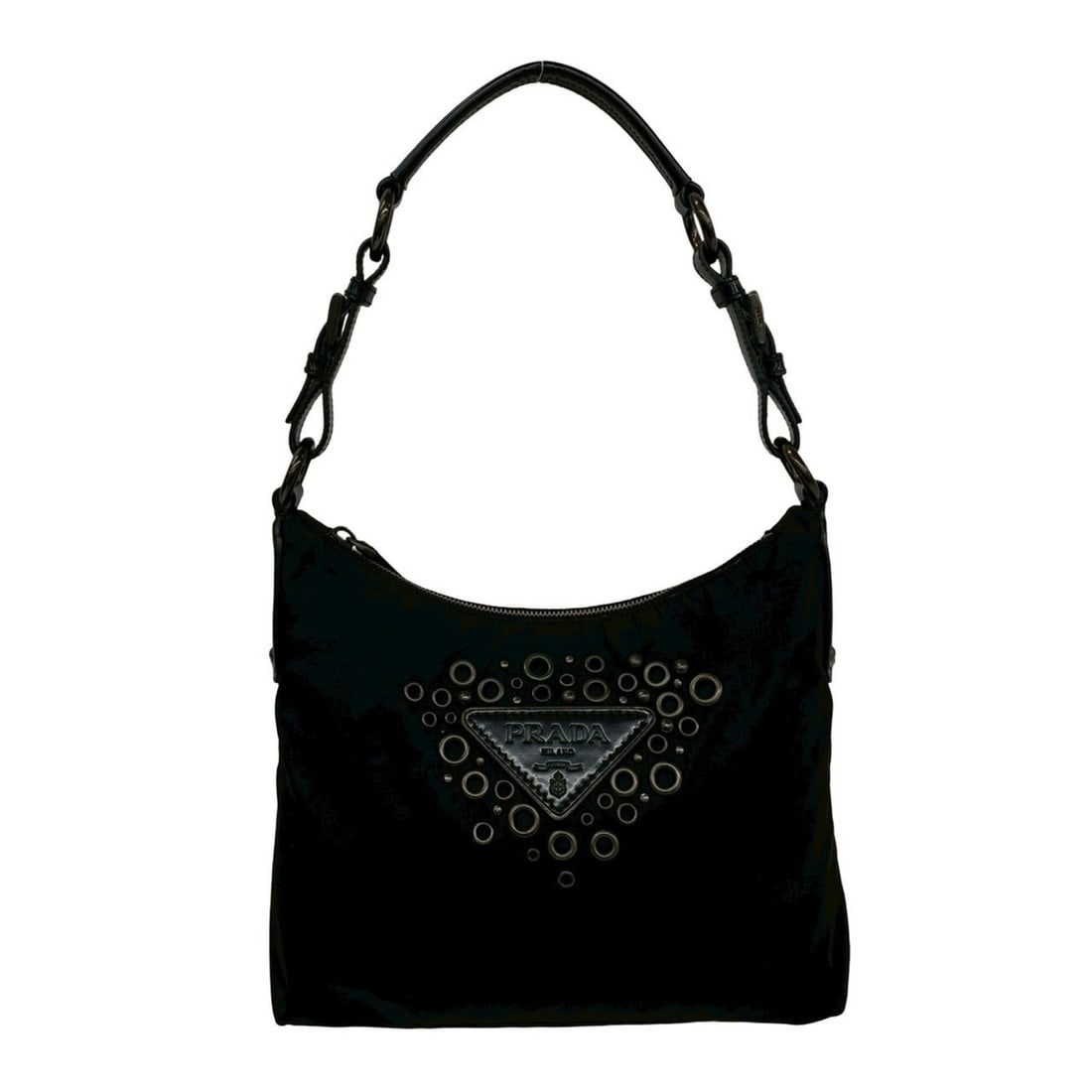PRADA Triangle Logo Perforated Stud Hardware Nylon Leather Genuine Semi Shoulder Bag Black 63472: --- Catalog ---Category: SizeSize (HxWxD): 20.5cm x 34.5cm x 9cm / 8.07'' x 13.58'' x 3.54''Category: DesignType: Shoulder bagColor: BlackGender: WomenMaterial: Nylon , Leather Category: GeneralBrand: