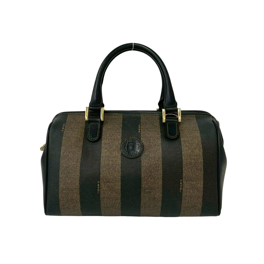 FENDI Vintage Pecan Stripe Leather Handbag Mini Boston Bag Black Khaki 54477 (1 of 11)