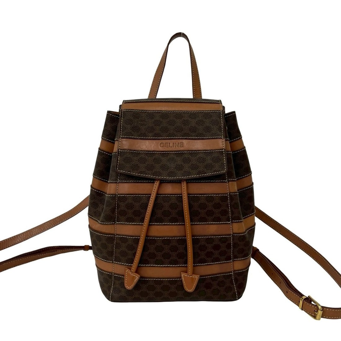 CELINE Vintage Macadam Blazon Triomphe Pattern Leather Drawstring Backpack Daypack Brown 19496: --- Catalog ---Category: SizeSize (HxWxD): 28cm x 21cm x 15cm / 11.02'' x 8.26'' x 5.9''Category: DesignType: BackpackColor: BrownGender: WomenMaterial: Leather , PVC Category: GeneralBrand: Celine---