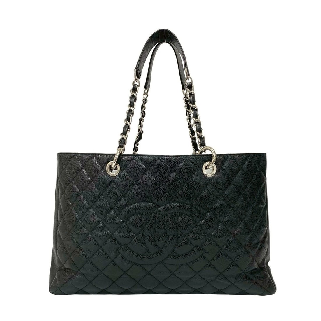 CHANEL Matelassé Coco Mark Caviar Leather Chain Tote Bag Black 62270: --- Catalog ---Category: SizeSize (HxWxD): 27cm x 41cm x 13cm / 10.62'' x 16.14'' x 5.11''Category: DesignType: Tote bagColor: BlackGender: WomenMaterial: Grained Calfskin Category: GeneralBrand: Chan