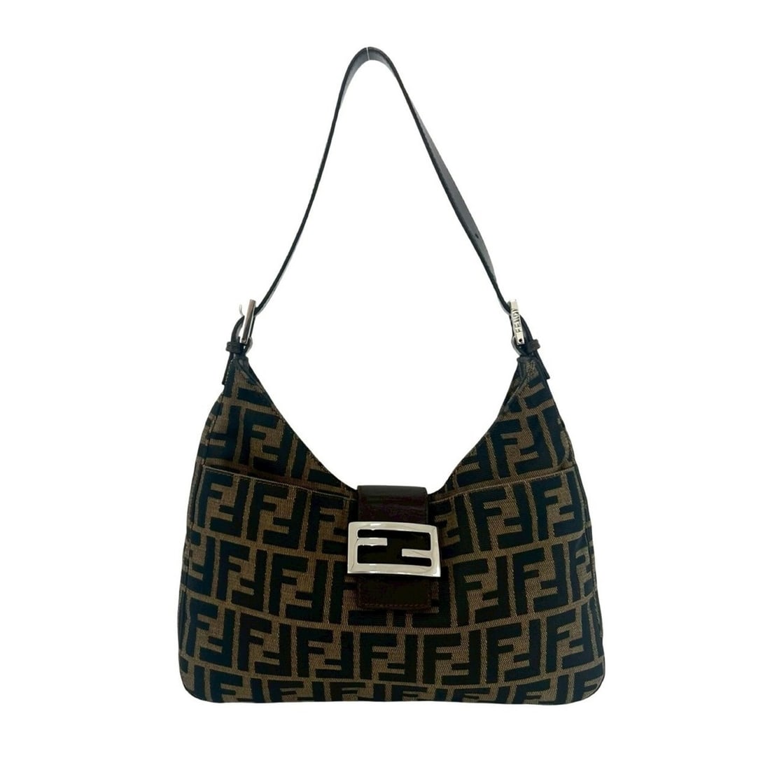 FENDI Vintage Zucca FF Logo Hardware Canvas Leather Semi One Shoulder Bag Brown 41729 (1 of 10)