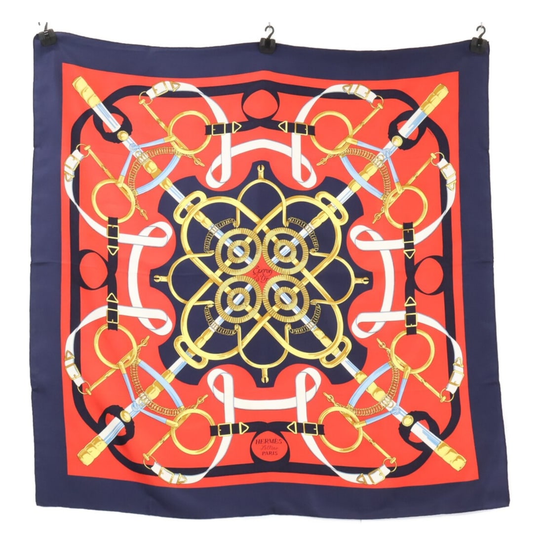 HERMES Eperon d'Or (Golden Spur) Silk Carre 90 Scarf/Muffler, Red/Navy, Women's (1 of 8)