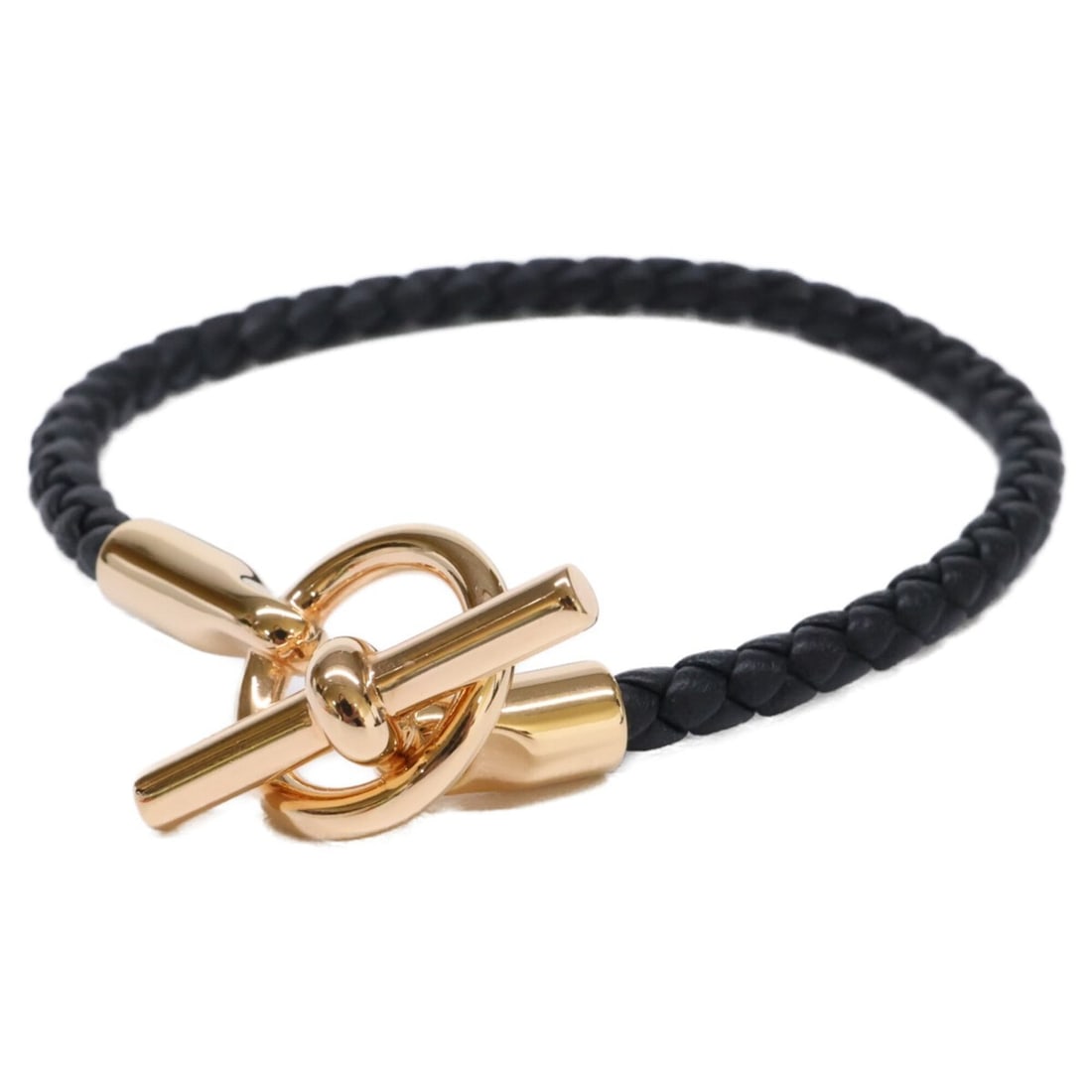 HERMES Glenan Leather Bracelet, Black with Pink Gold Plating, Women's: --- Catalog ---Category: SizeLength: 19cm / 7.48''Category: DesignType: Charm braceletColor: Black, Pink goldGender: WomenMaterial: LeatherCategory: GeneralBrand: Hermes--- Item List ---Section: