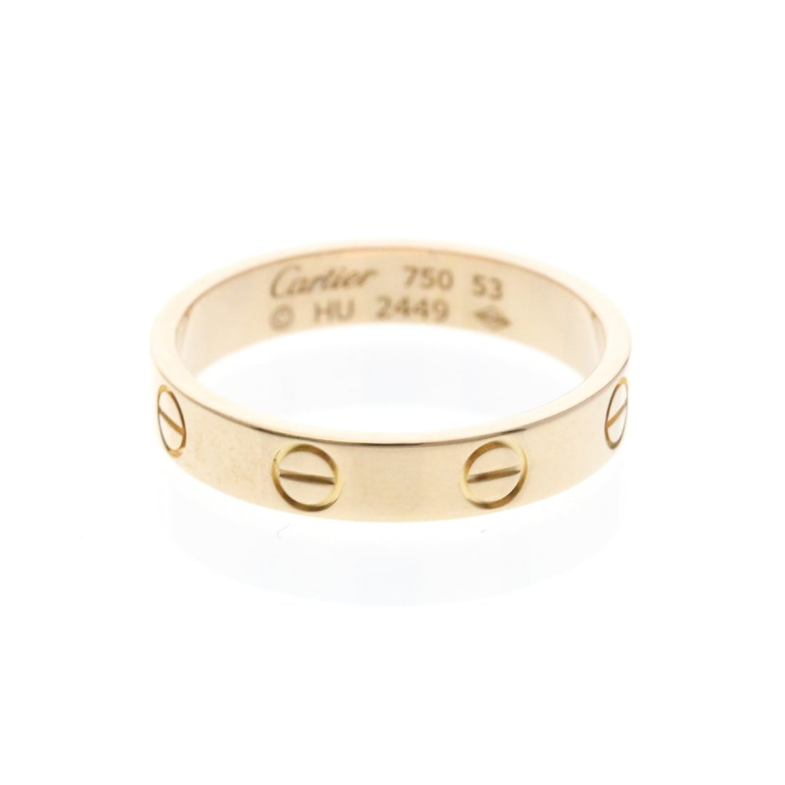 Cartier Mini Love Ring Pink Gold (18K) Fashion No Stone Band Ring Pink Gold: --- Catalog ---Category: SizeWidth: 3.6mm / 0.14''Weight: 3.2g / 0.11oz.JP Size: 13US Size: 6 1/4Brand Size: 53Category: DesignType: Band ringColor: Pink goldMetal: GoldStone: No StoneStyle: FashionGe