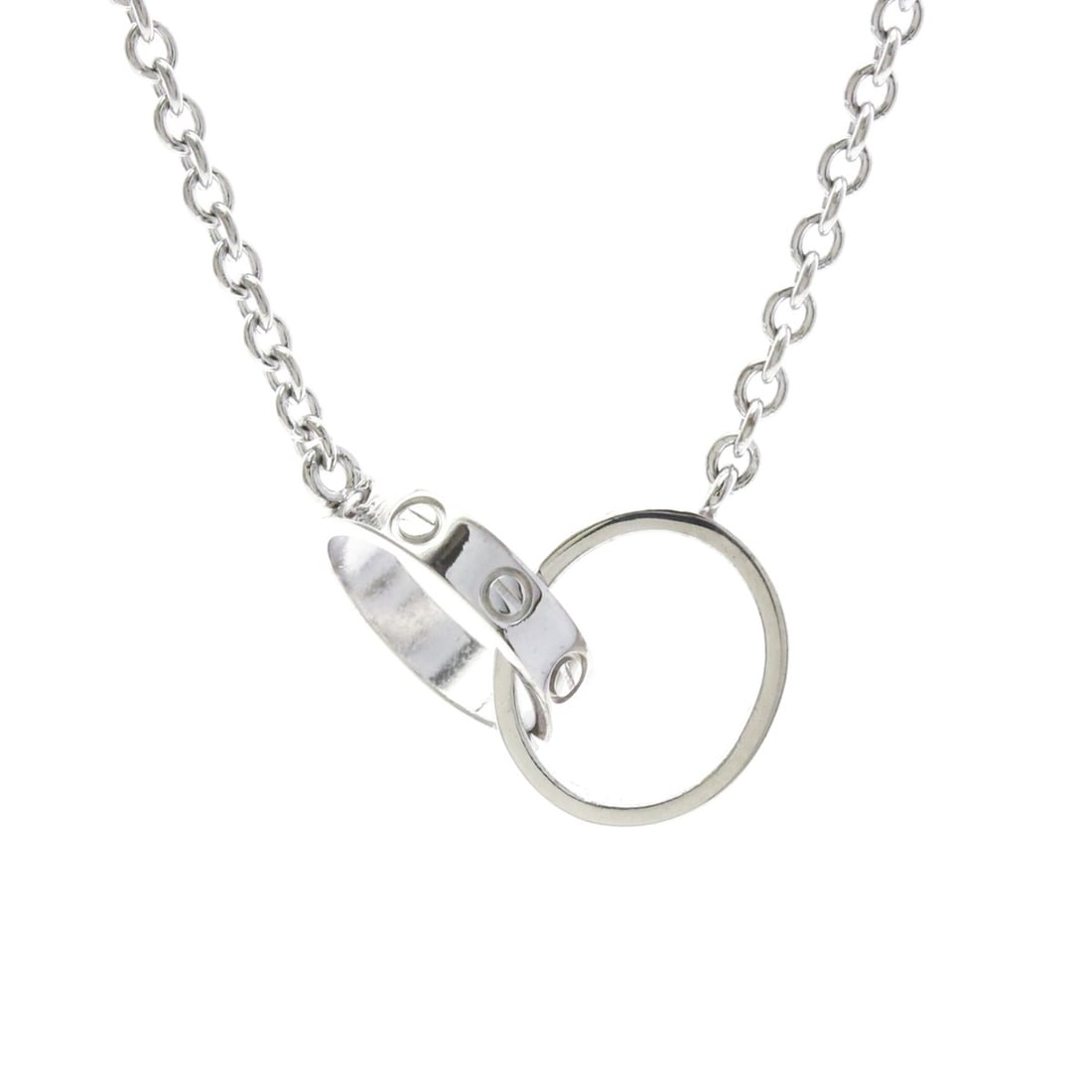Cartier Baby Love Necklace White Gold (18K) No Stone Men,Women Fashion Necklace (Silver): --- Catalog ---Category: SizeWeight: 7.3g / 0.25oz.Neck Circumference: 43 cm / 16.92''Category: DesignColor: SilverMetal: White GoldStone: No StoneStyle: FashionGender: Men,WomenMaterial: White gold (