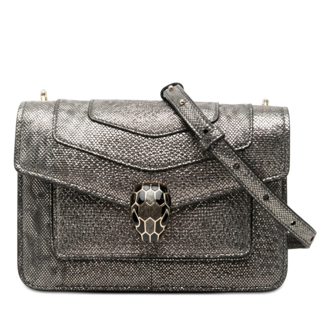 BVLGARI Serpenti Forever Crossbody Chain Shoulder Bag, Silver and Black Leather, Women's.: --- Catalog ---Category: SizeSize (HxWxD): 13cm x 19cm x 7cm / 5.11'' x 7.48'' x 2.75''Category: DesignType: Shoulder bagColor: Black, SilverGender: WomenMaterial: Leather Category: GeneralBrand: Bvlg