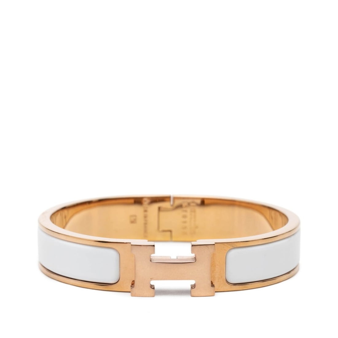 Hermes Click H PM Enamel Bracelet, Gold and White Plated, Women's: --- Catalog ---Category: SizeLength: 16cm / 6.29''Category: DesignType: Charm braceletColor: Gold, WhiteGender: WomenCategory: GeneralBrand: Hermes--- Item List ---Section: ConditionRanking: Rank AB U