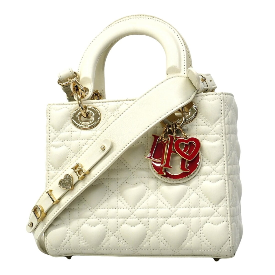 Christian Dior Heart Cannage Lady Handbag, Leather, White/Champagne, 2-way bag for women (1 of 13)