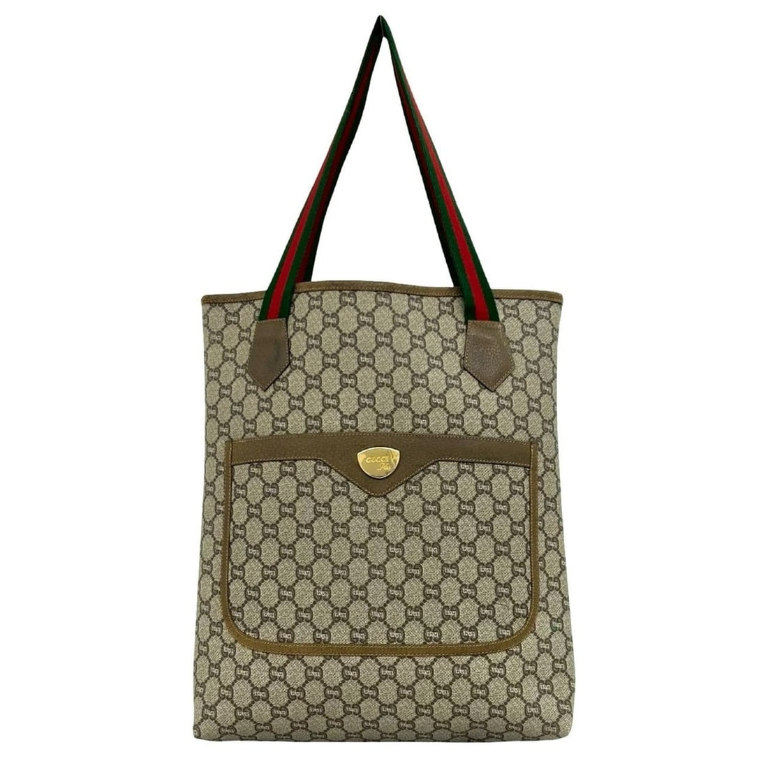 GUCCI Vintage Sherry Line Leather Tote Bag/Handbag, Brown, 42915: --- Catalog ---Category: SizeSize (HxWxD): 36.5cm x 30cm x 8cm / 14.37'' x 11.81'' x 3.14''Category: DesignType: Handbag, Tote bagColor: Brown, Green, Red colorGender: WomenMaterial: PVC , Leather Cat