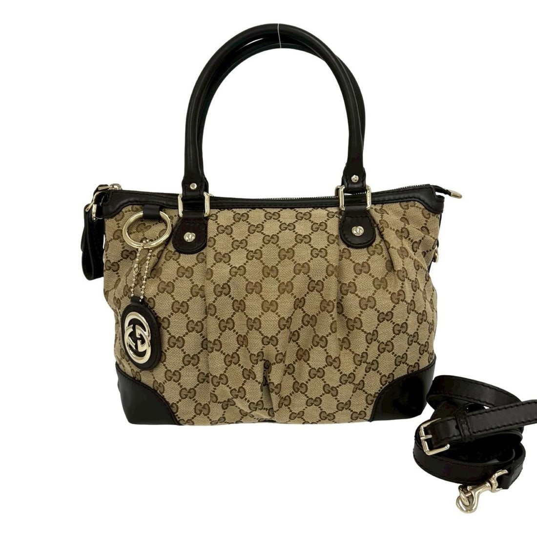 GUCCI Sukey GG Canvas Leather 2-way Handbag Mini Tote Bag Shoulder Brown 36293: --- Catalog ---Category: SizeSize (HxWxD): 23.5cm x 30.5cm x 15cm / 9.25'' x 12'' x 5.9''Category: DesignType: Handbag, Shoulder bag, Tote bagColor: Beige, BrownGender: WomenMaterial: Canvas , Leather