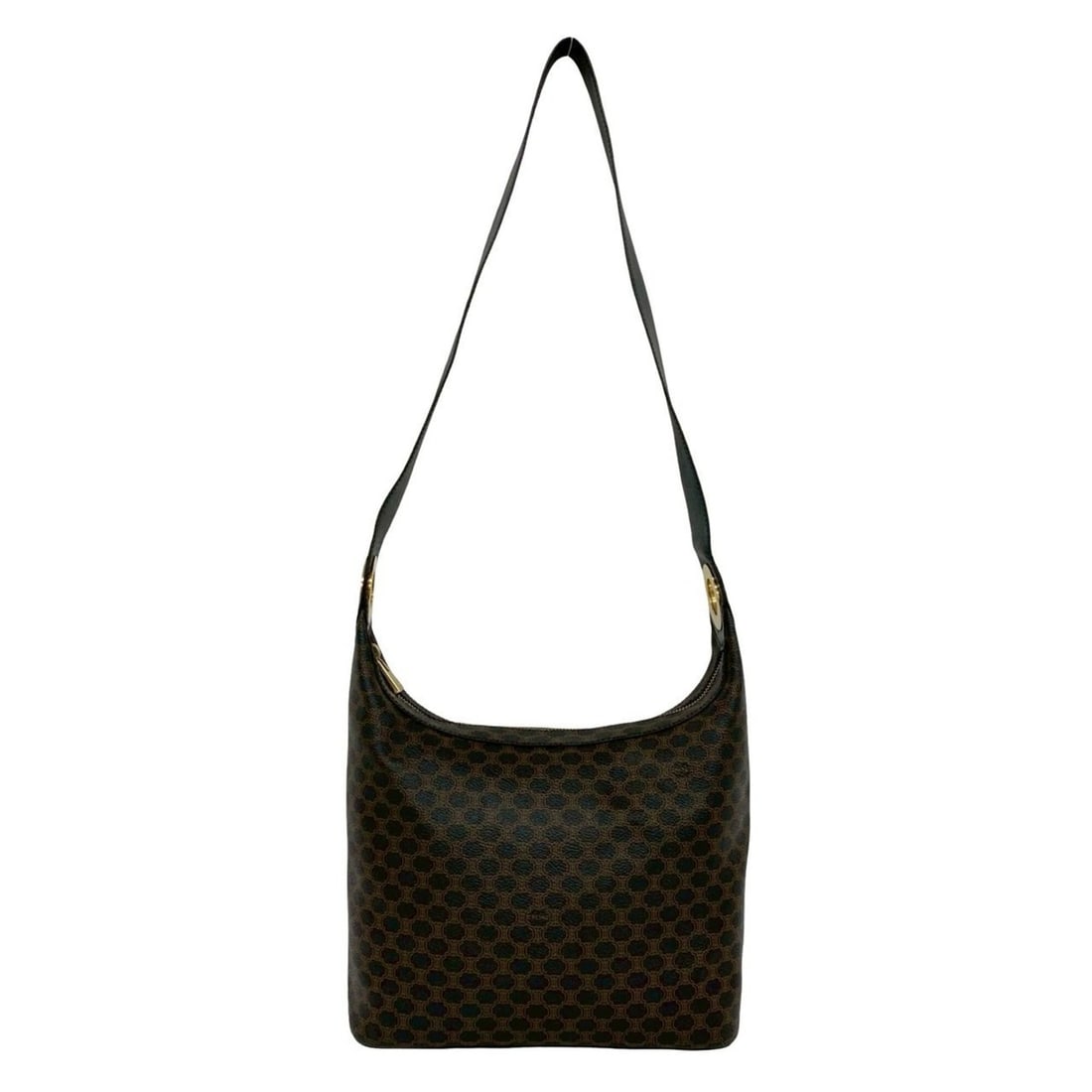 CELINE Macadam Blazon Patterned Logo Ring Hardware Leather Shoulder Bag Brown Black 32233 (1 of 10)