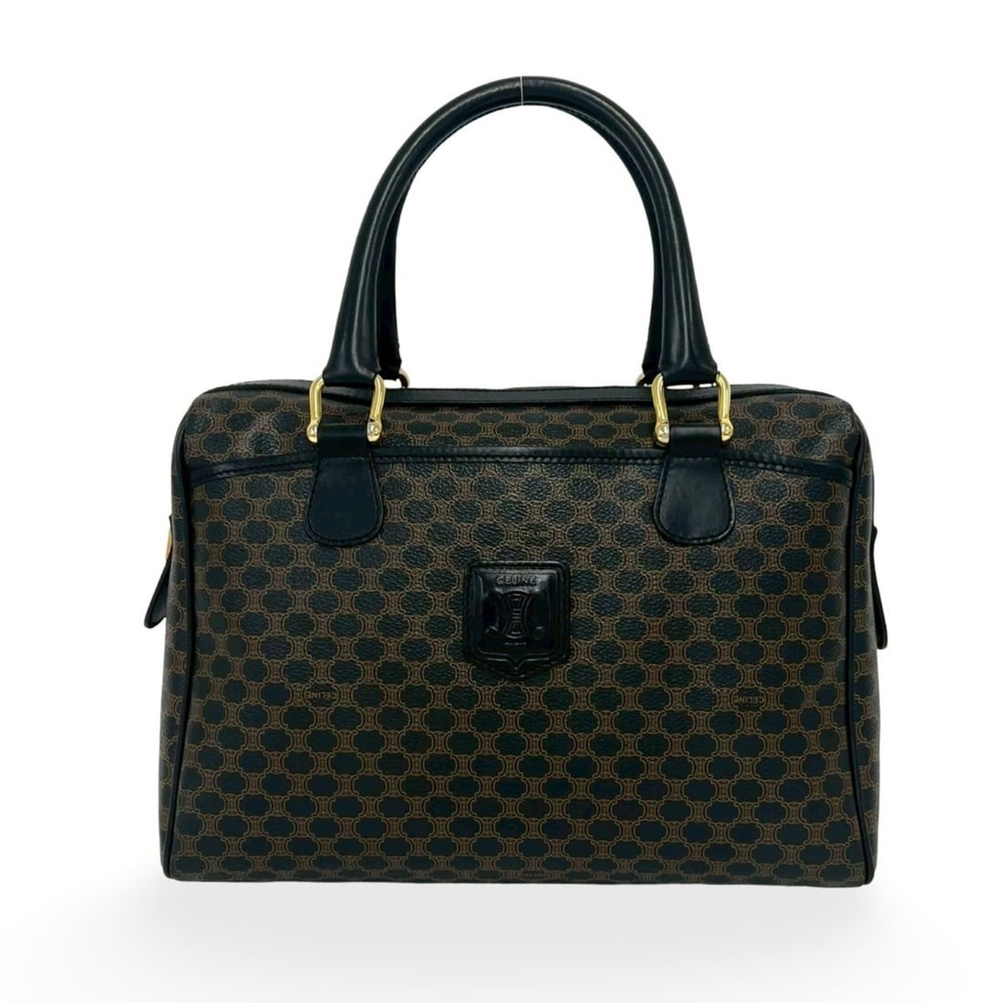 CELINE Vintage Macadam Blazon Pattern Leather Handbag Boston Bag Brown Black 22071 (1 of 14)