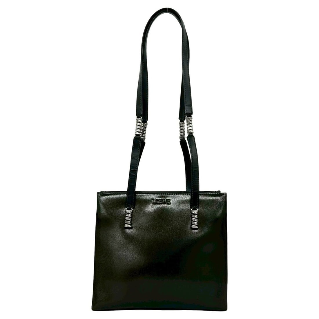 LOEWE Vintage Logo Embossed Leather Semi-Shoulder Bag Mini Tote Khaki Black 57656: --- Catalog ---Category: SizeSize (HxWxD): 20.5cm x 23cm x 8.5cm / 8.07'' x 9.05'' x 3.34''Category: DesignType: Shoulder bag, Tote bagColor: Black, KhakiGender: WomenMaterial: Leather Category: Gener
