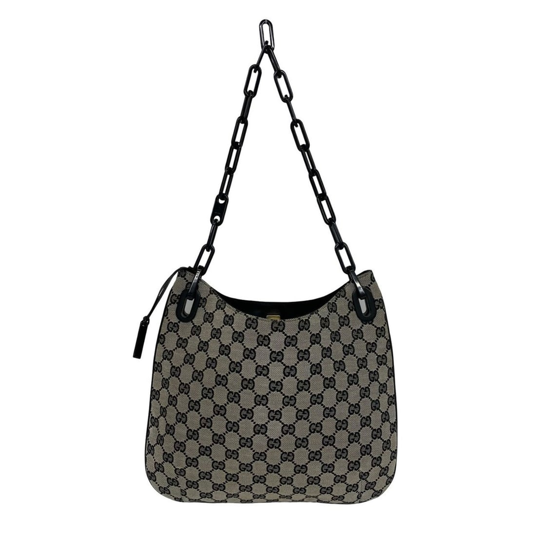 GUCCI Vintage GG Canvas Leather Chain Semi-One Shoulder Bag, Black, 88765: --- Catalog ---Category: SizeSize (HxWxD): 24.5cm x 32cm / 9.64'' x 12.59''Category: DesignType: Shoulder bagColor: Black, GrayGender: WomenMaterial: Canvas , Leather , Plastic Category: GeneralBrand: