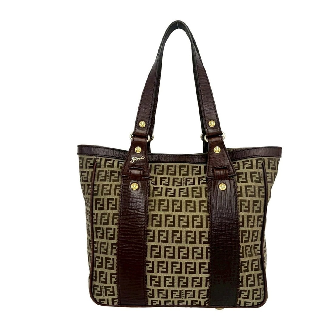 FENDI Zucchino FF Pattern Canvas Leather Tote Bag Semi Shoulder Handbag Brown 62412 (1 of 10)