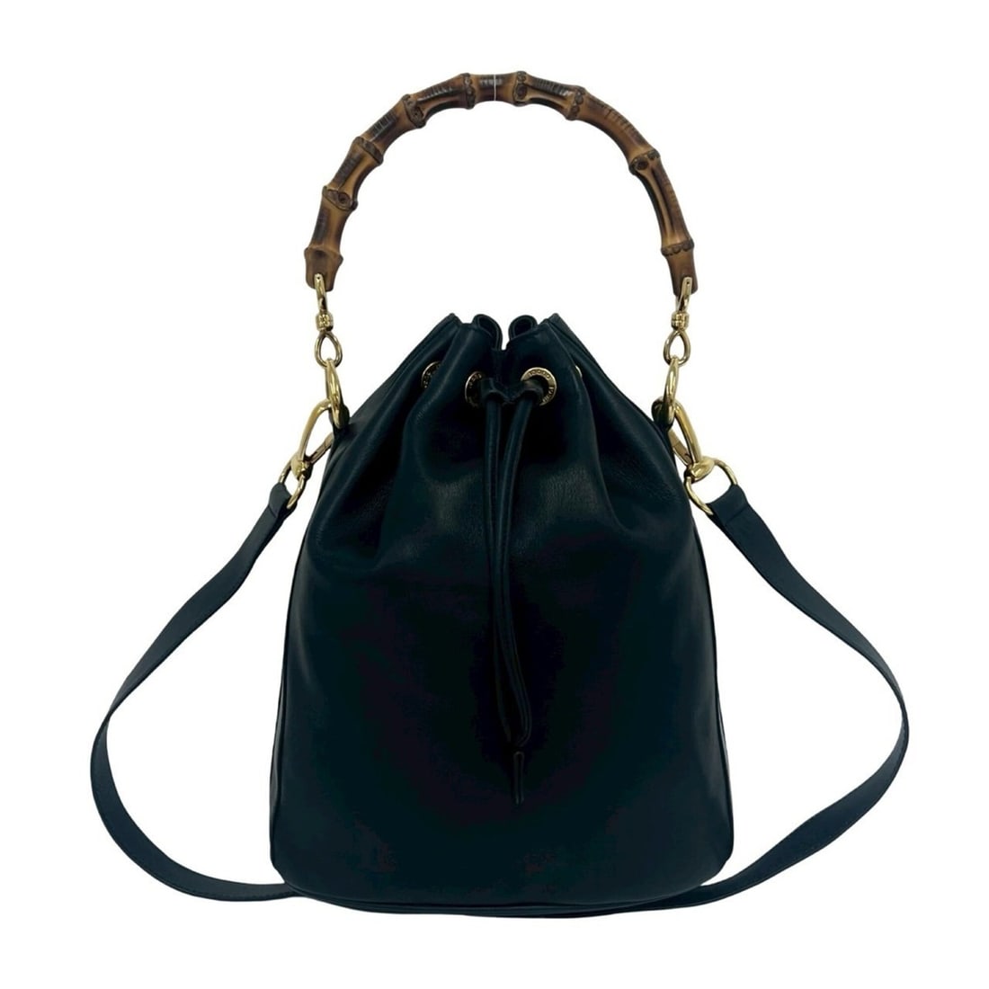 GUCCI Vintage Bamboo Leather Drawstring 2-Way Handbag/Shoulder Bag, Navy, 95870: --- Catalog ---Category: SizeSize (HxWxD): 30cm x 23cm x 15cm / 11.81'' x 9.05'' x 5.9''Category: DesignType: Handbag, Shoulder bagColor: NavyGender: WomenMaterial: Leather Category: GeneralBrand: Guc