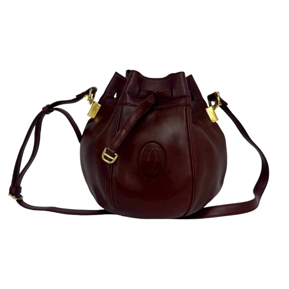 CARTIER Vintage Must Line Logo Leather Drawstring Shoulder Bag/Pouch/Sacoche, Bordeaux, 14965: --- Catalog ---Category: SizeSize (HxWxD): 23cm x 16cm x 16cm / 9.05'' x 6.29'' x 6.29''Category: DesignType: Pochette, Shoulder bagColor: Wine redGender: WomenMaterial: Leather Category: GeneralBrand