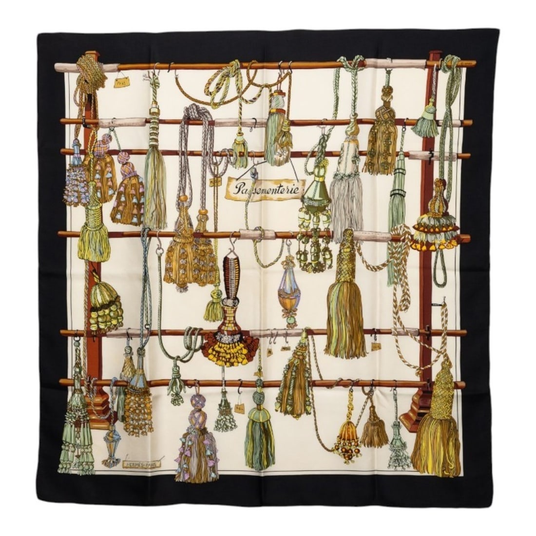 Hermes Carre 90 PASEMENTERIE Scarf with Drawstring, White/Black Silk, Women's. (1 of 11)