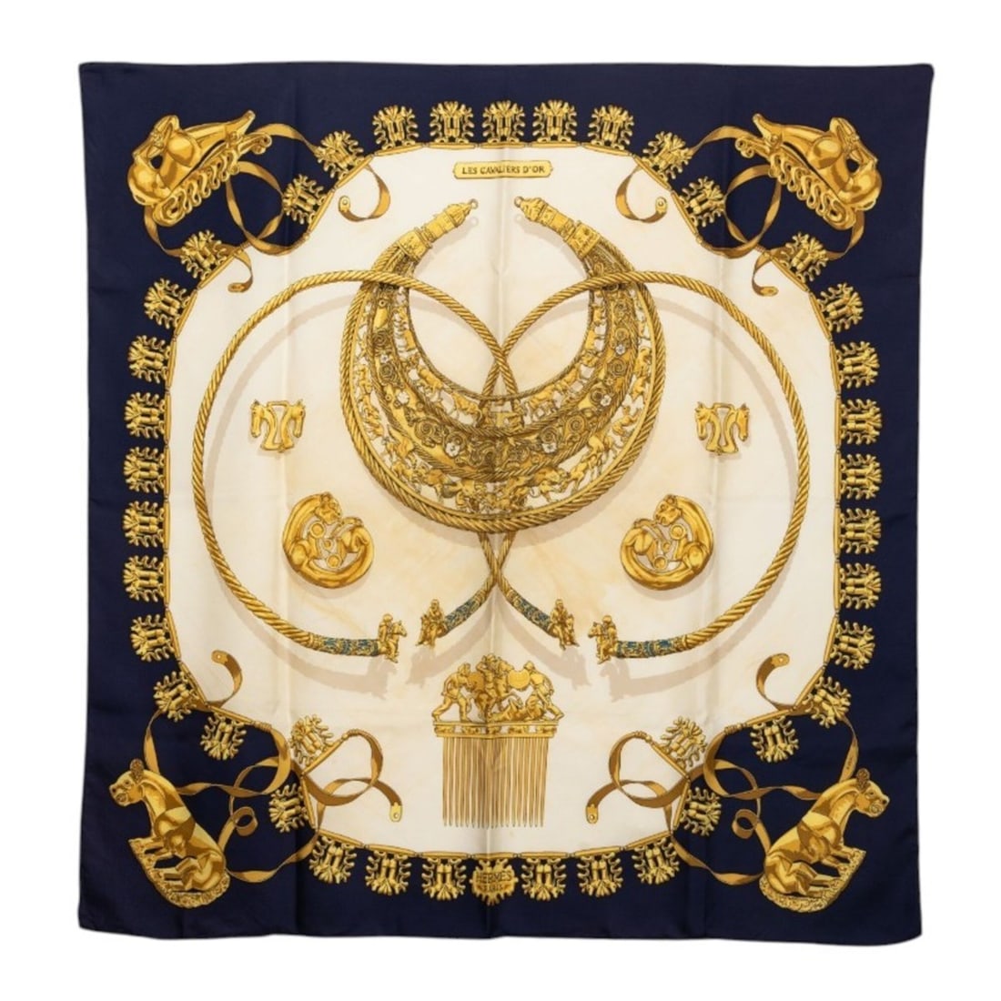 Hermes Carre 90 "The Golden Knights" (LES CAVALIERS D'OR) Scarf/Muffler, White/Navy Silk, Women's. (1 of 11)