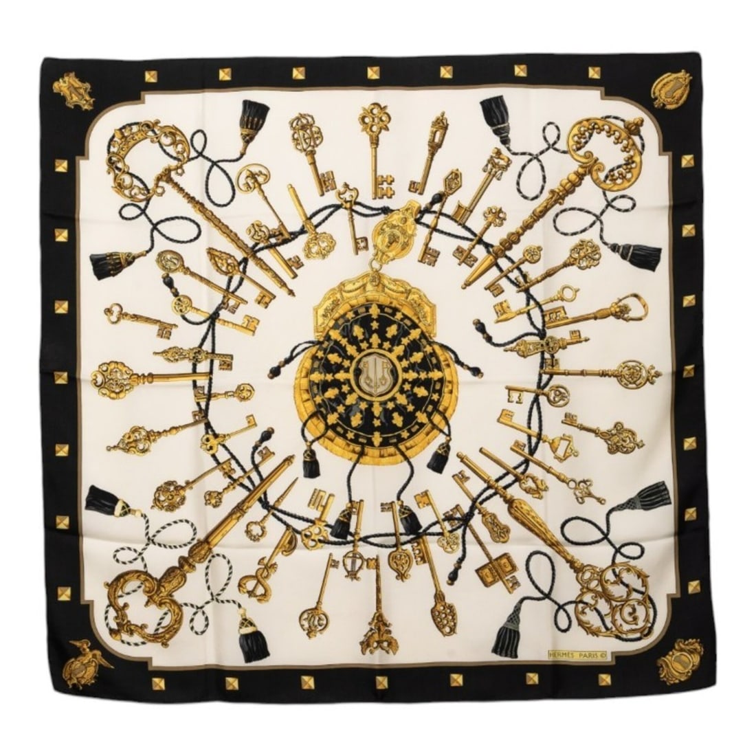 Hermes Carre 90 LES CLES Key Scarf/Muffler, Large Size, Black/Ivory Silk, Women's (1 of 11)