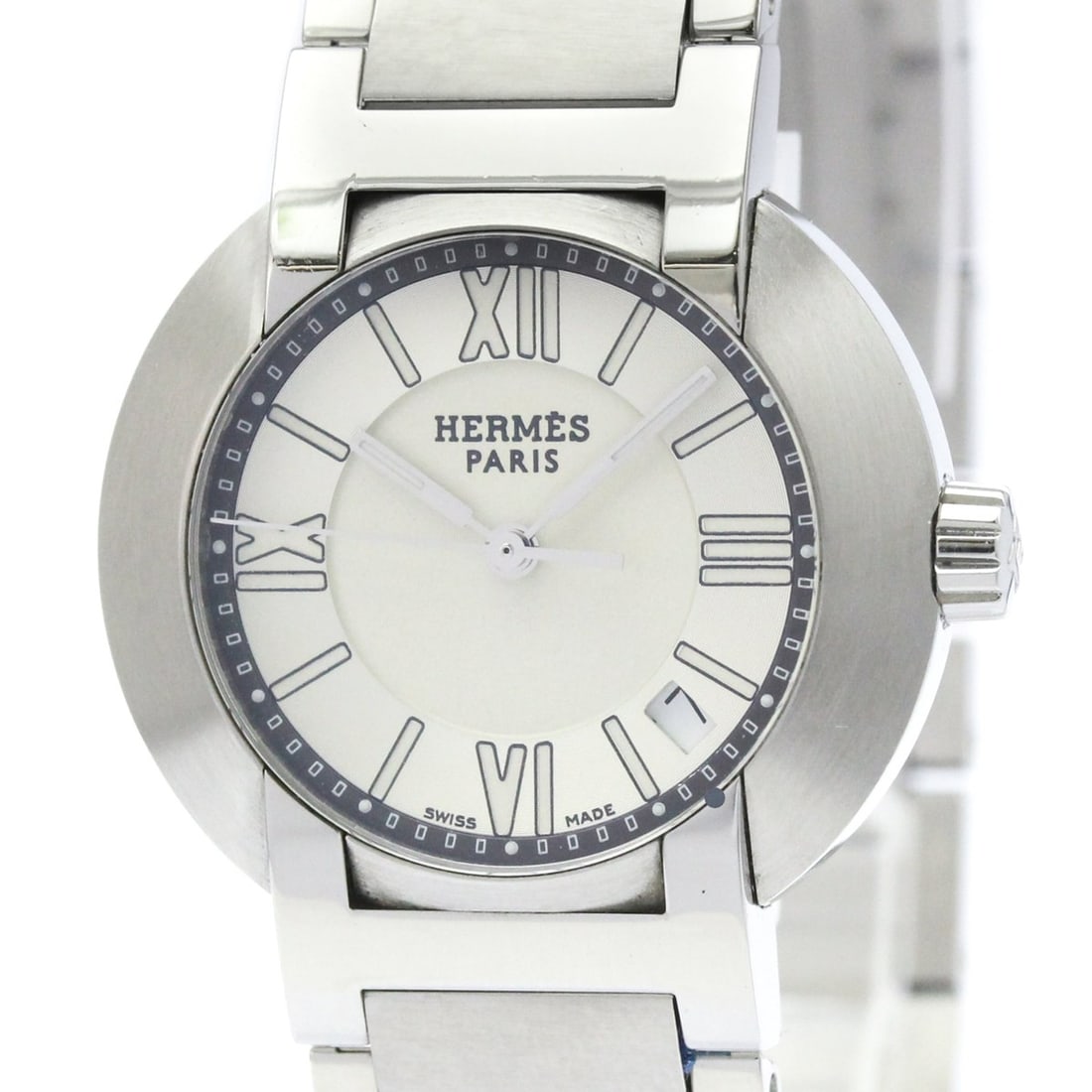 HERMES Nomade Steel Auto Quartz Ladies Watch NO1.210 Polished: --- Catalog ---Category: SizeCase Diameter: 28mm / 1.1''Category: DesignType: WristwatchStyle: Dress/FormalGender: WomenColor (Dial): SilverMaterial (Band): Stainless steelMaterial (Case): Stainless s