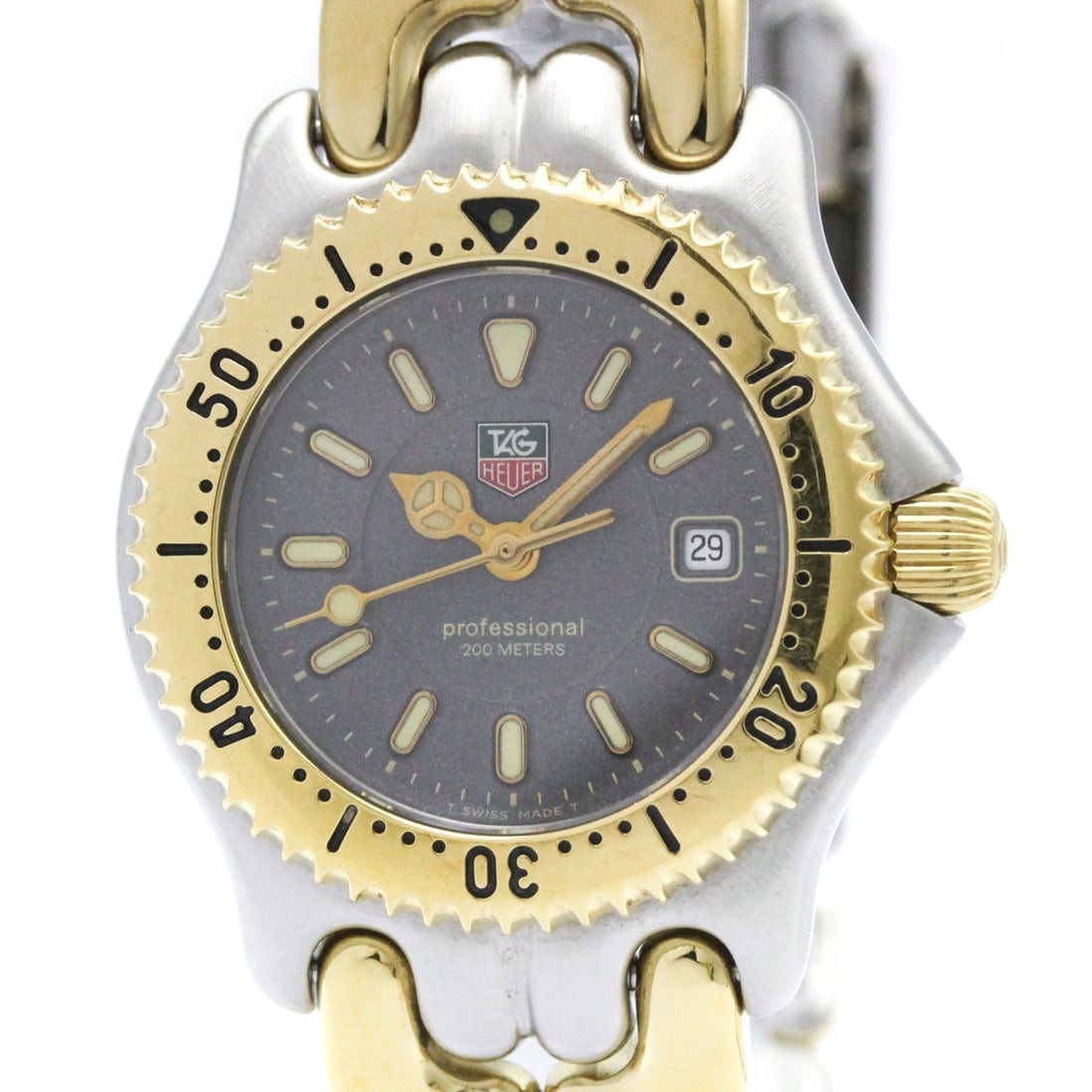 TAG HEUER Sel 200M Gold Plated Steel Ladies Watch WG1320 Polished: --- Catalog ---Category: SizeCase Diameter: 27mm / 1.06''Category: DesignType: WristwatchStyle: Dress/FormalGender: WomenColor (Dial): GrayMaterial (Band): Gold plated, Stainless steelMaterial (Case):