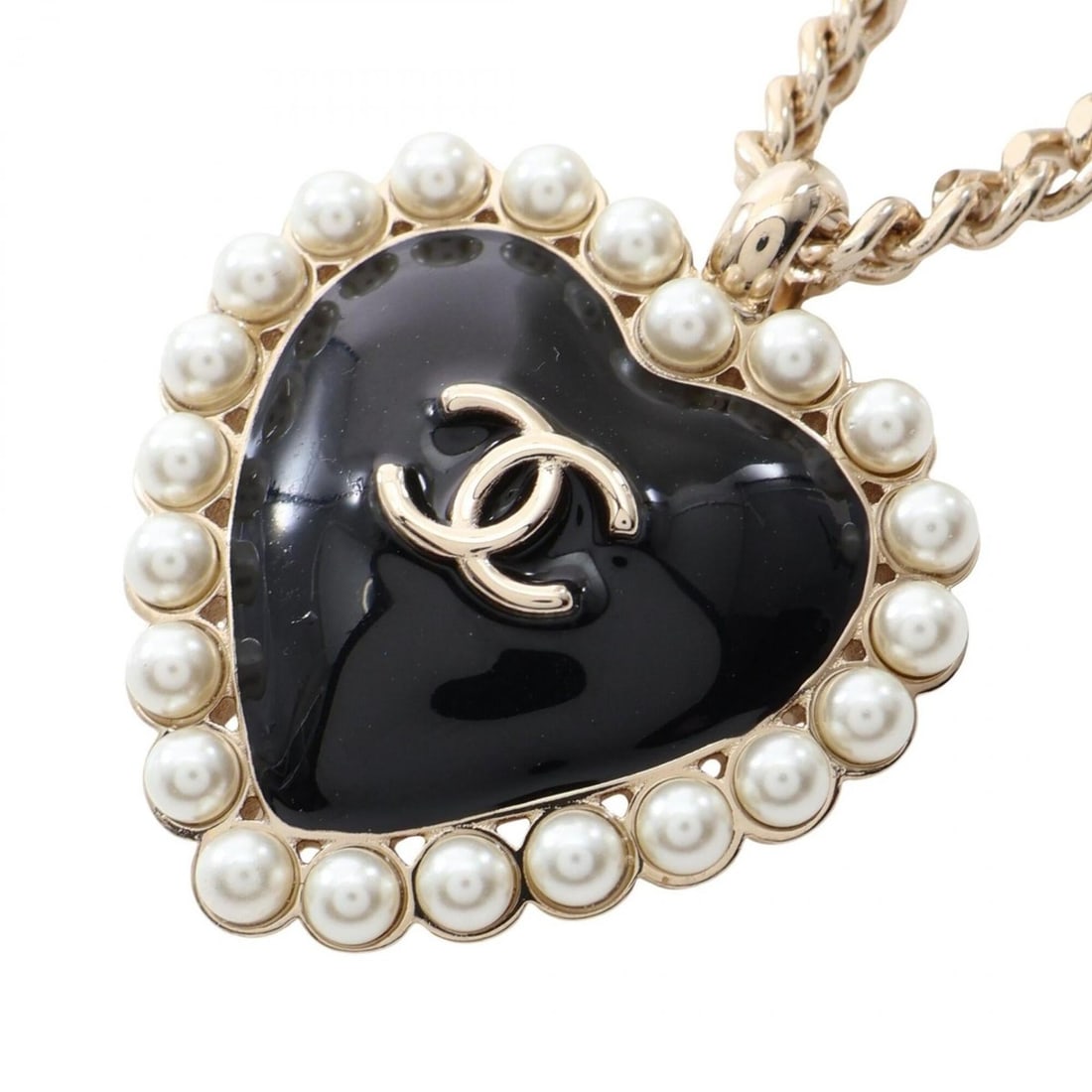 Chanel Coco Mark Heart Necklace, Gold Plated (GP), Faux Pearl, Women's, Gold, Black, White.: --- Catalog ---Category: SizePendant Size: 26mm x 28mm / 1.02'' x 1.1''Neck Circumference: 38 cm - 45.5 cm / 14.96'' - 17.91''Category: DesignColor: Black, Gold, WhiteGender: WomenMaterial: Gold plati
