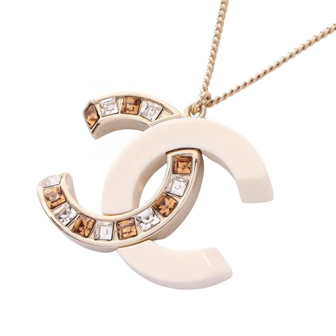 Chanel Coco Mark Necklace Jewelry GP (Gold Plated) Plastic Faux Pearl Women's Gold Tone White Clear: --- Catalog ---Category: SizePendant Size: 29mm x 38mm / 1.14'' x 1.49''Neck Circumference: 41 cm - 59 cm / 16.14'' - 23.22''Category: DesignColor: Clear, Gold, WhiteGender: WomenMaterial: Gold platin