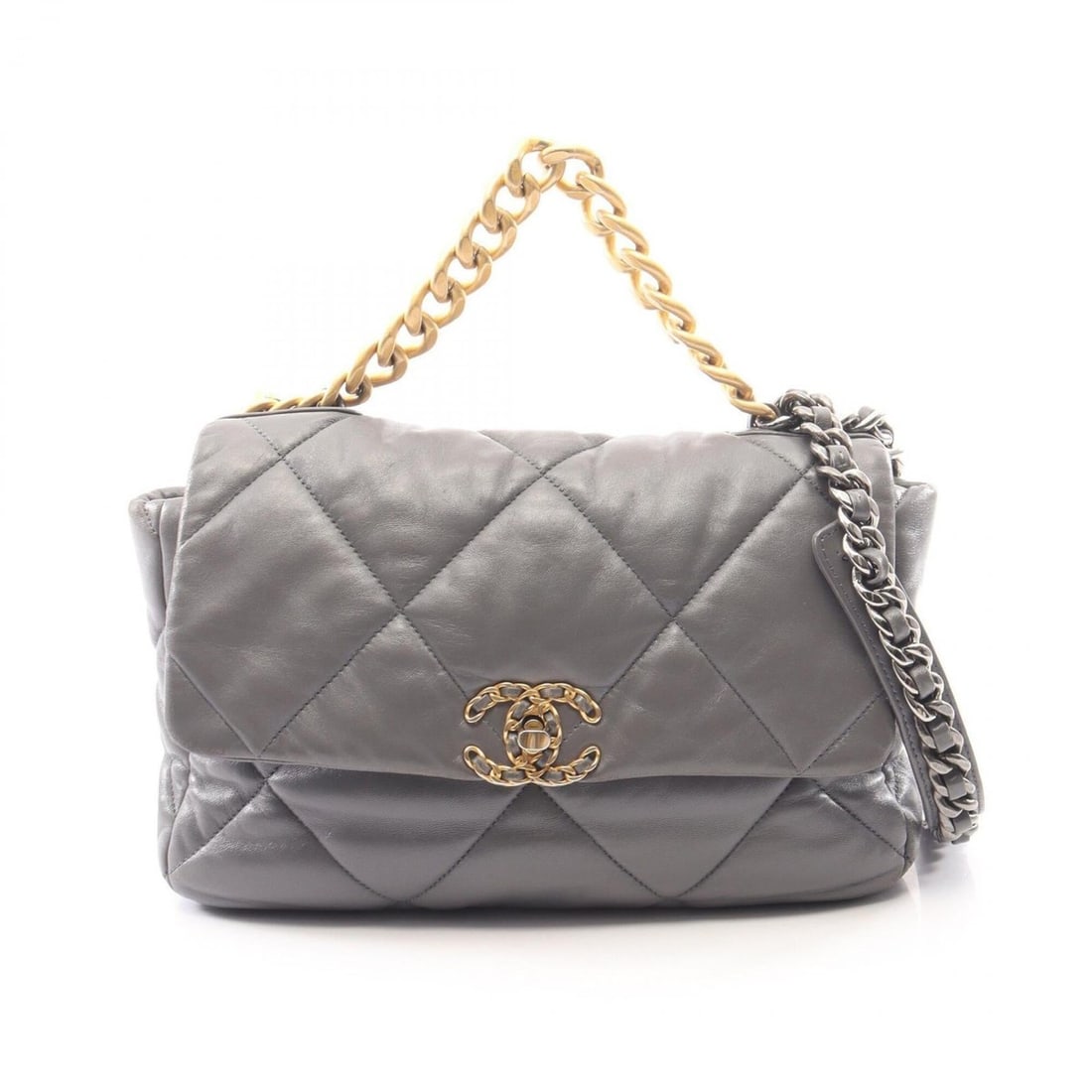 Chanel 19 Dixneuf Matelassé 2-Way Shoulder Bag/Handbag, Leather, Women's, Gray: --- Catalog ---Category: SizeSize (HxWxD): 20cm x 29cm x 8cm / 7.87'' x 11.41'' x 3.14''Category: DesignType: Handbag, Shoulder bagColor: GrayGender: WomenMaterial: Leather Hardware Color: GoldCategor