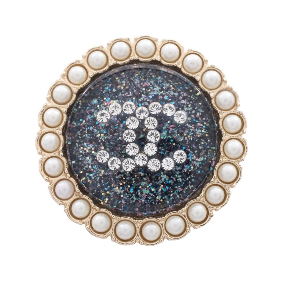 Chanel Coco Mark Glitter Brooch Accessory, Gold Plated (GP), Faux Pearl, Rhinestone, Women's, Gold,: --- Catalog ---Category: SizeSize (HxWxD): 2.7cm x 2.7cm / 1.06'' x 1.06''Category: DesignType: BroochColor: Blue, Gold, WhiteGender: WomenMaterial: Gold plating, RhinestoneCategory: GeneralBrand: Cha
